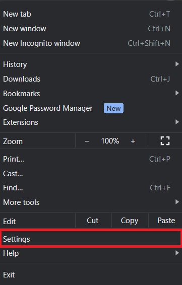 The control panel of the Google Chrome web browser and the Settings is highlighted with the red box