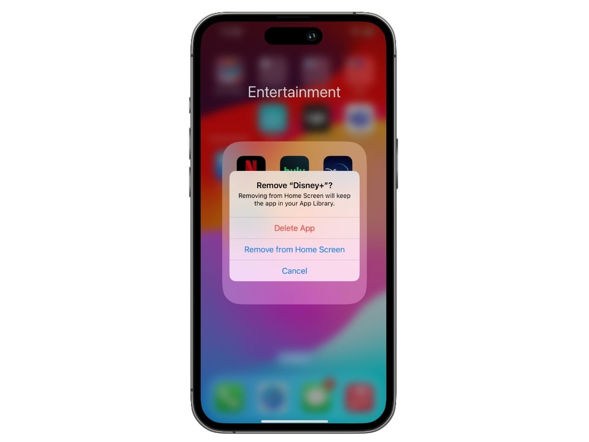The prompt from iPhone 13 plus asking if user wants to delete the Disney plus app