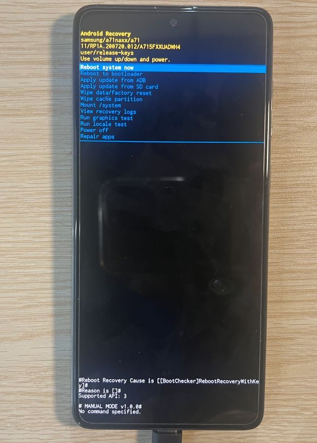 The reboot menu interface on Samsung A71 showing