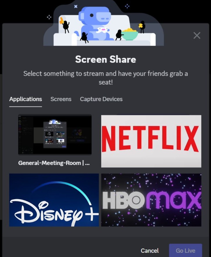 The streaming feature on Discord is showing the streaming from Netflix, Disney+ and HBO Max