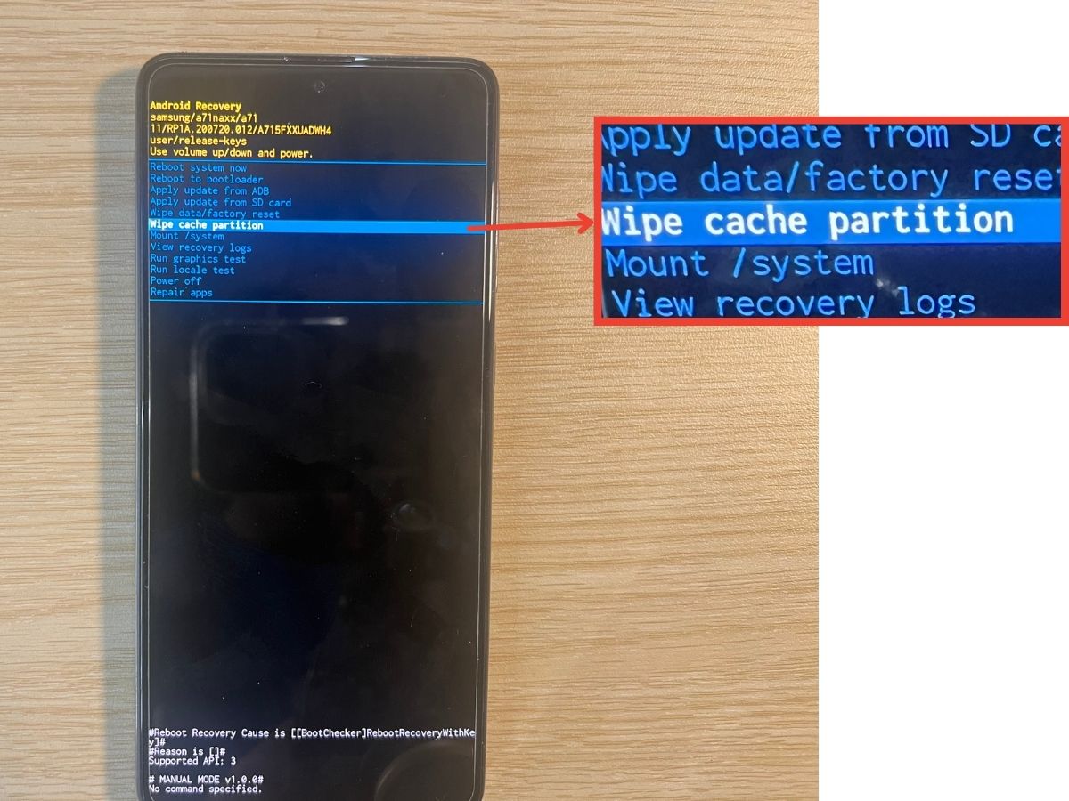 The wipe cache option from the reboot menu on Samsung A71 phone