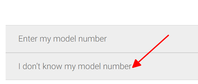 a red arrow point at I don't know my model number option