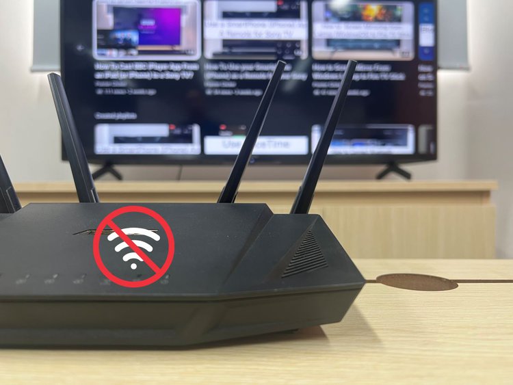 asus router with no wifi symbol on it and a sony tv in the background