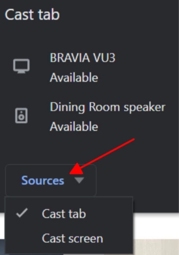 choose Cast tab or Cast screen in Sources