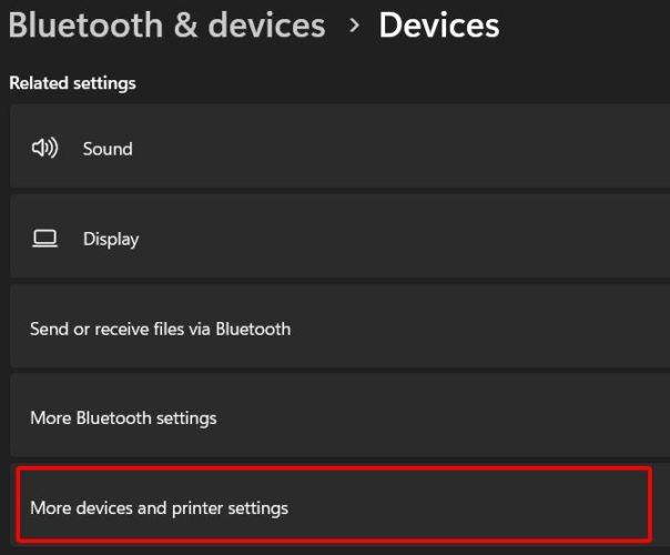 device menu of the bluetooth feature on a laptop, more devices and printer settings option is highlighted