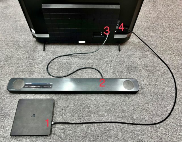 how to connect a PS4 or PS5 and soundbar to a smart TV through HDMI cables