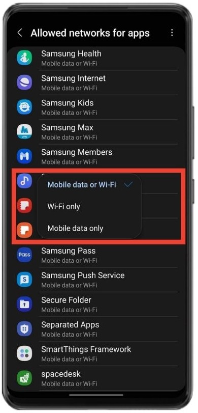 The three options for to choose Mobile data or Wi-Fi, Wi-Fi only and Mobile data only