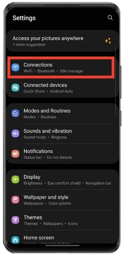 The connections feature on Samsung A71 phone