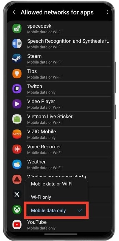 The Xbox app is set as using Mobile data only on Android phone