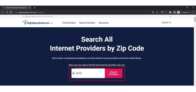 searching ISP by zip code on high-speed internet website