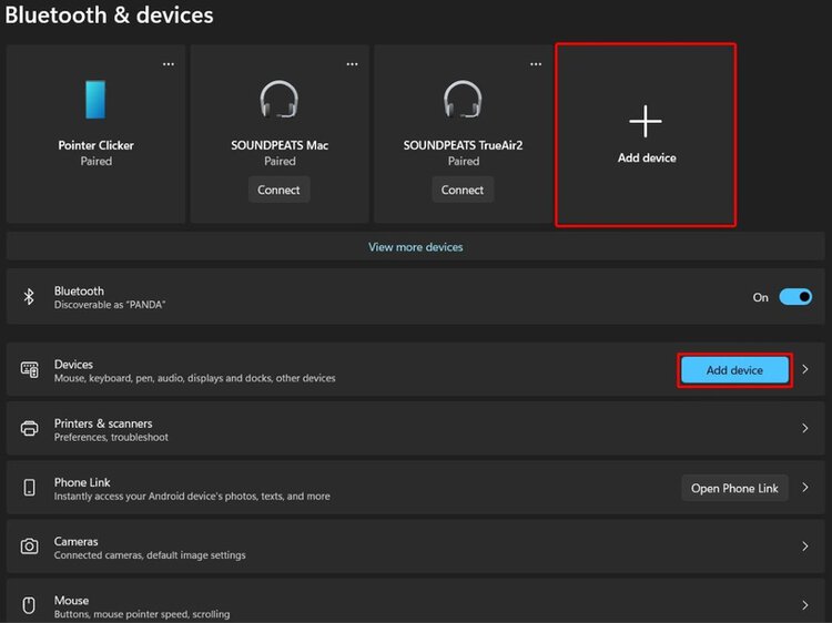 select Add device option in Bluetooth & Devices section