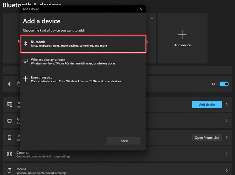 select Bluetooth option in Add a device section