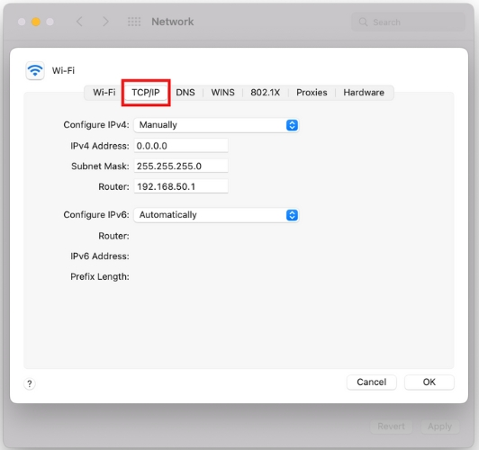 select TCPIP and choose Manual At the Configure IPv4 pop-up menu