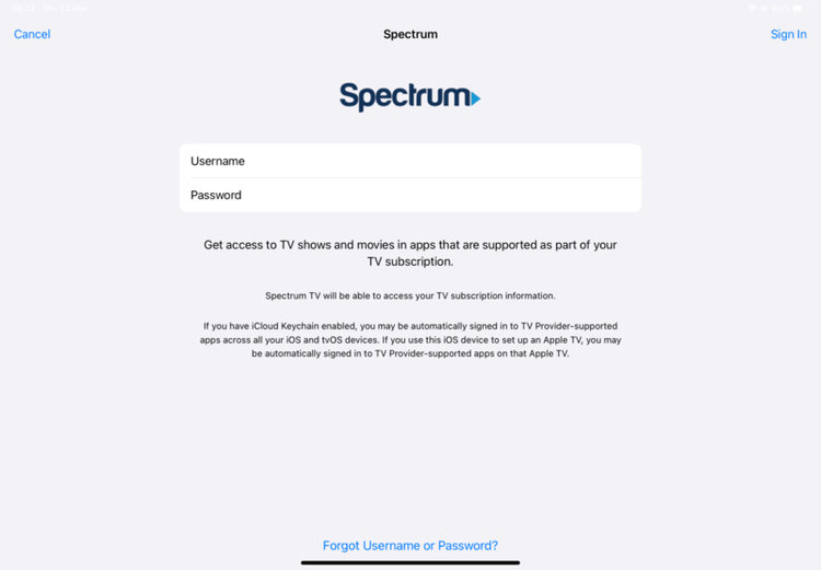 sign in page of Spectrum TV app