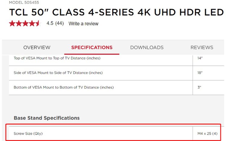 specifications of the TCL Model 50S455 TV