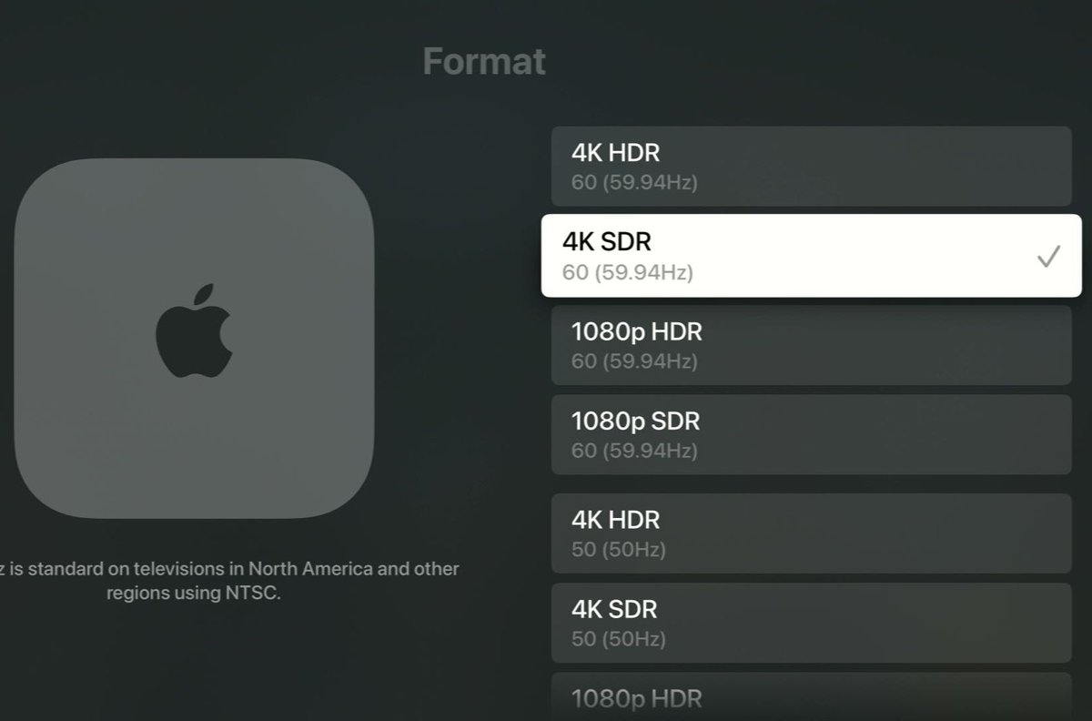 4k sdr option is highlighted on an apple tv