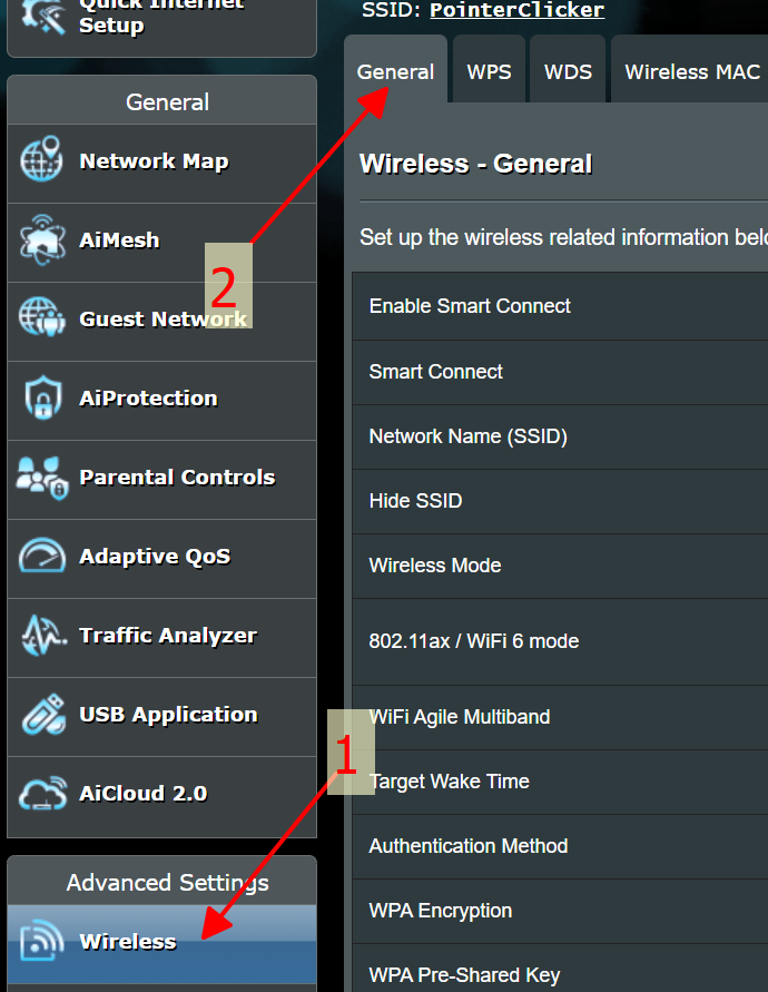 Head to Wireless before navigating to the General tab