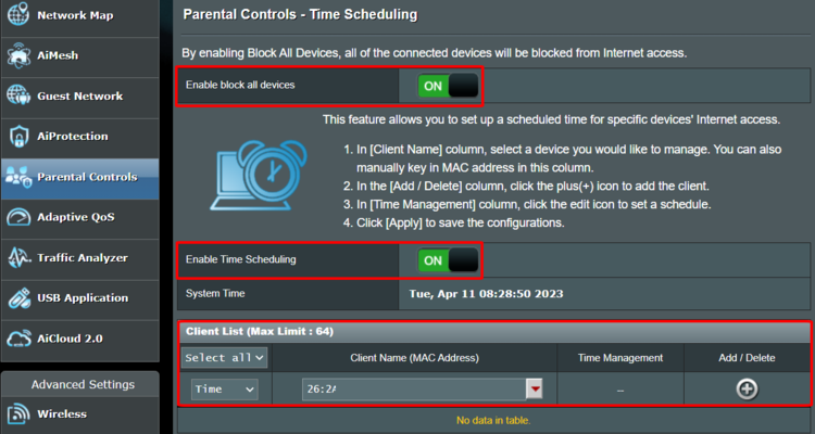 Parental Controls in Asus router admin interface