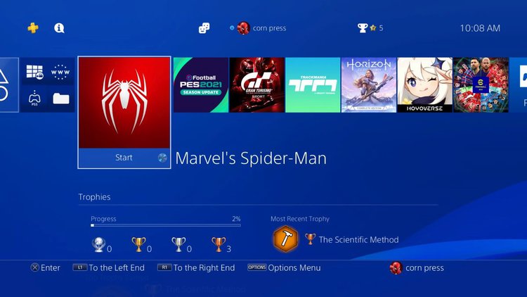 Spider-man game from the main menu of the PS4 console