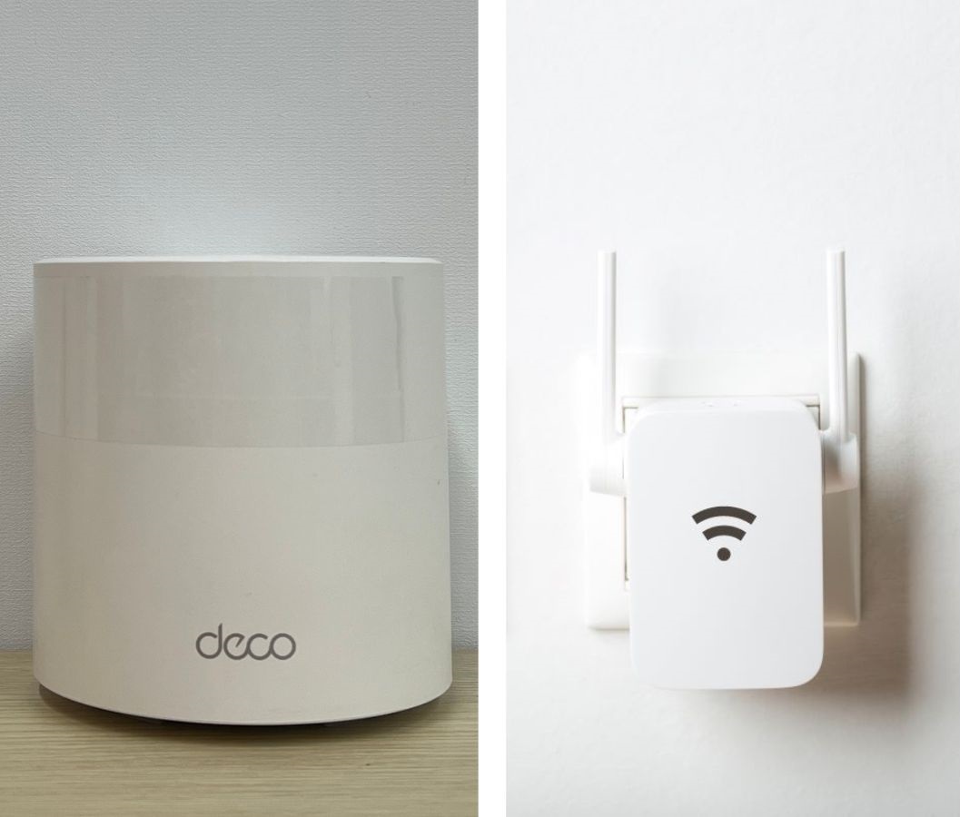 The Wi-Fi extender on the right and mesh Wi-Fi on the left both are with white background