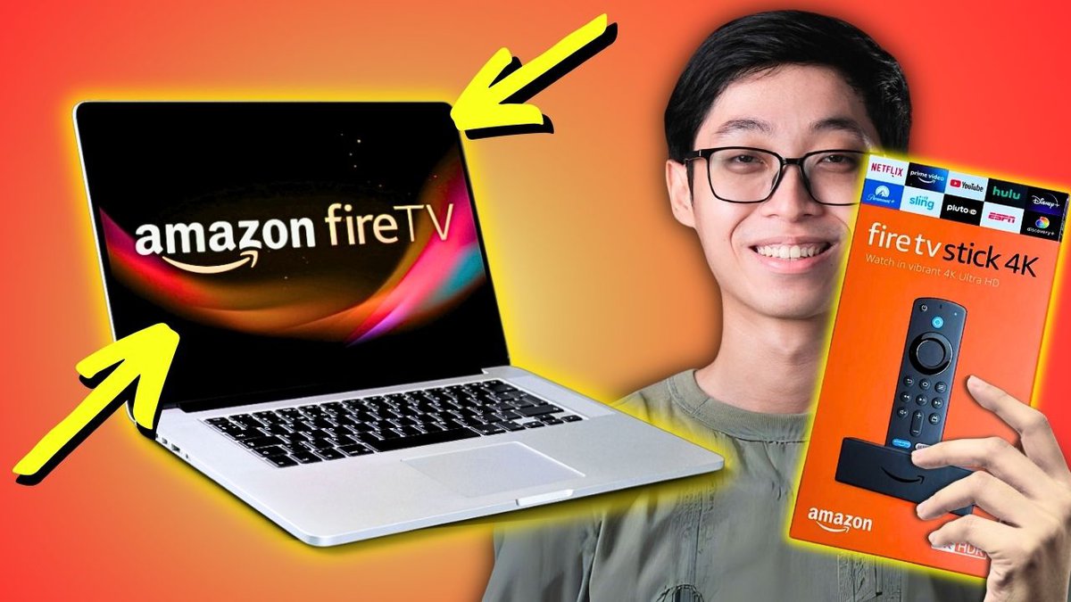 a man holding a firestick with a macbook showing fire tv screen