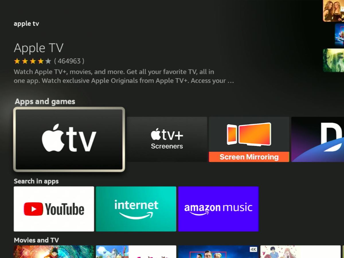 apple tv app is highlighted on the fire tv stick's search result