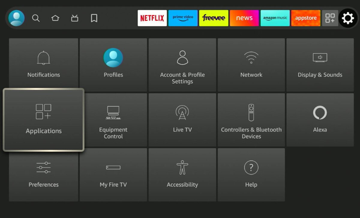applications option is highlighted on a fire tv stick