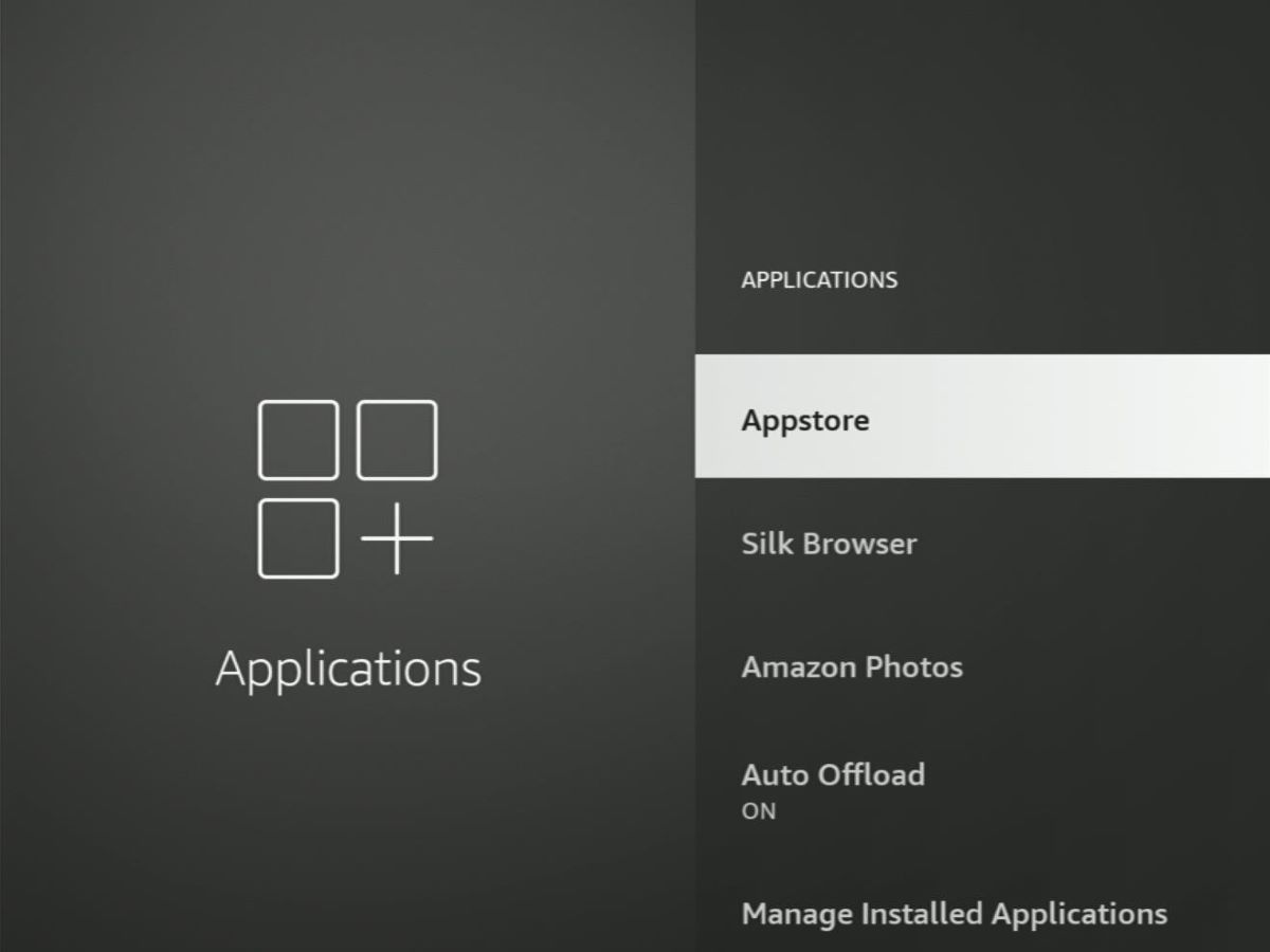 appstore option is highlighted on a fire tv stick