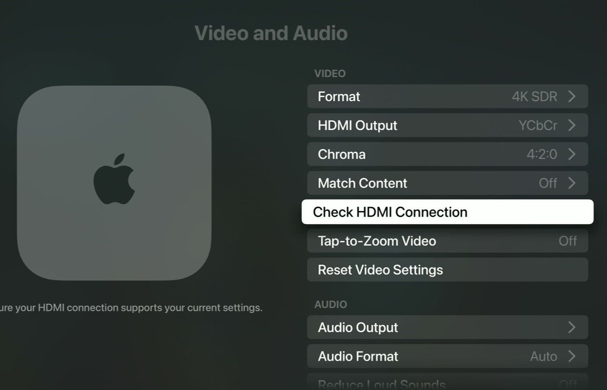check hdmi connection option is highlighted on an apple tv