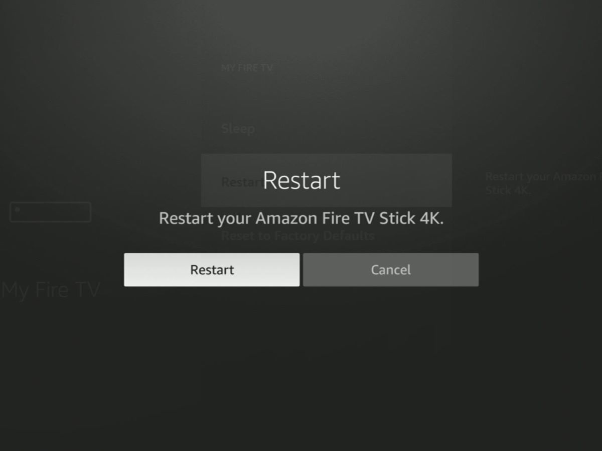confirm to restart option is highlighted on a fire tv stick