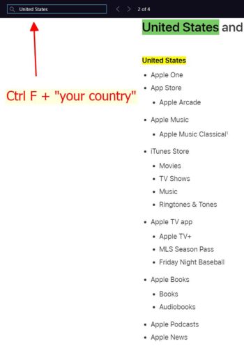 ctrl f and search for united states to check for apple services