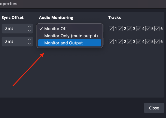 dropped down menu of audio monitoring, monitor and output option is pointed at