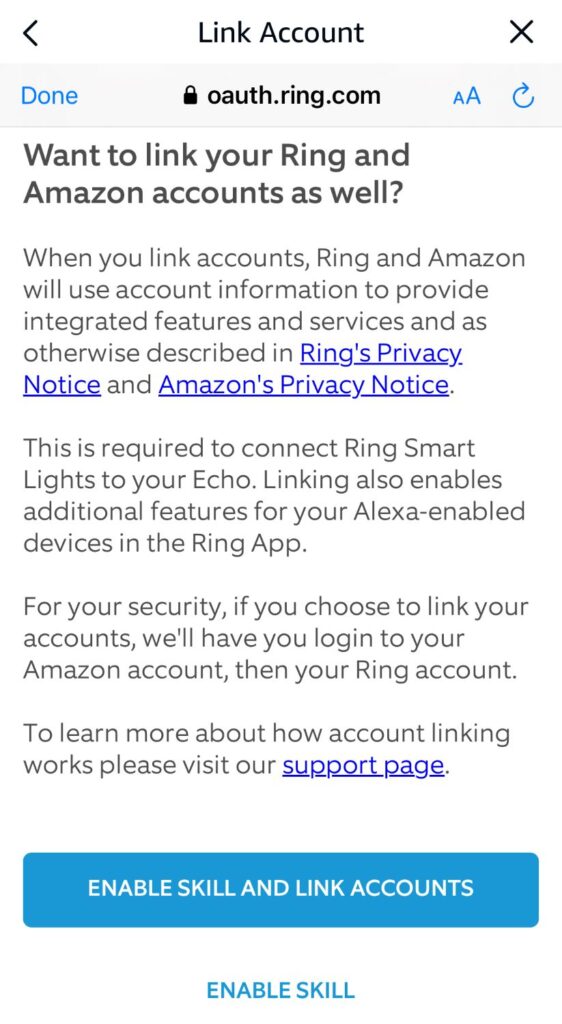 enable skills and link accounts (ring & alexa)