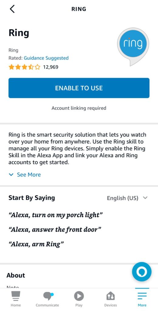enable to use ring skill option on alexa app