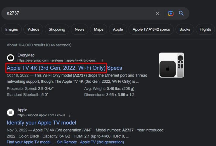 google search result for a2737, with apple tv 4k (3rd gen, 2022, wi-fi only) highlighted