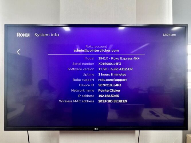 information of a roku device viewed from its settings