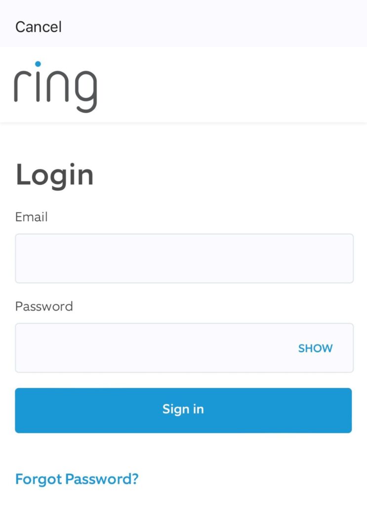 log-in ring account screen