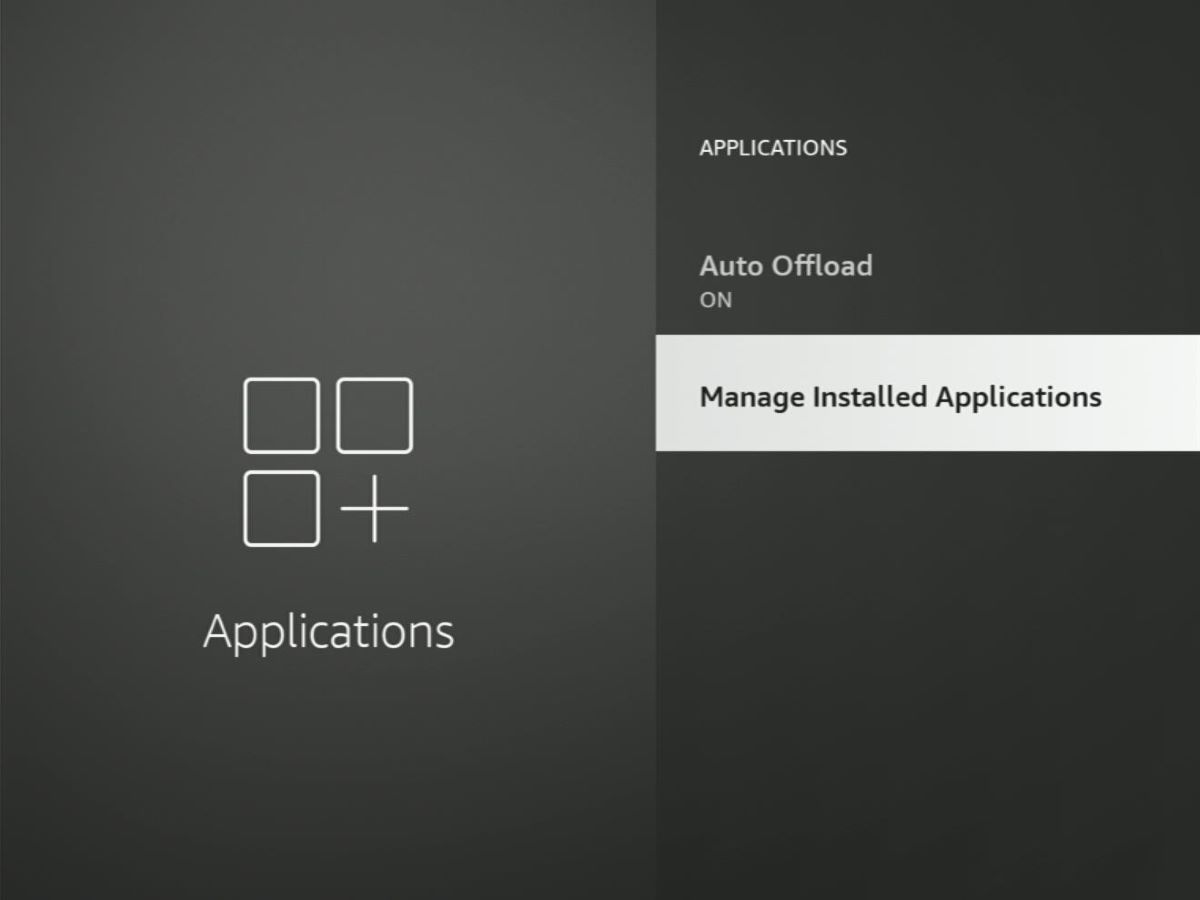 manage installed applications option is highlighted on a fire tv stick