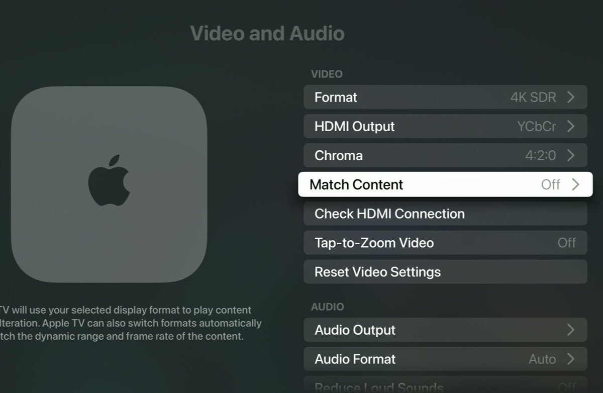 match content option is highlighted on an apple tv