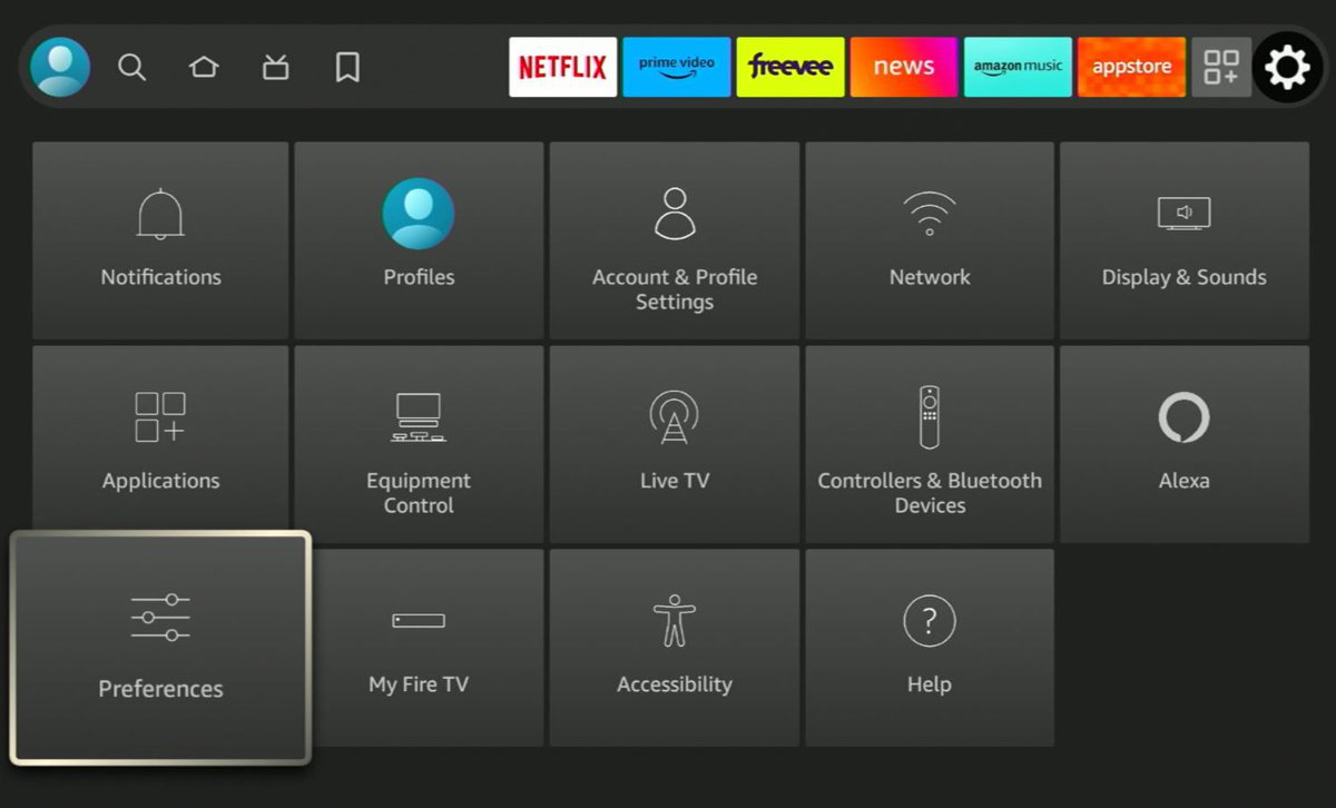preferences option is highlighted on a fire tv stick