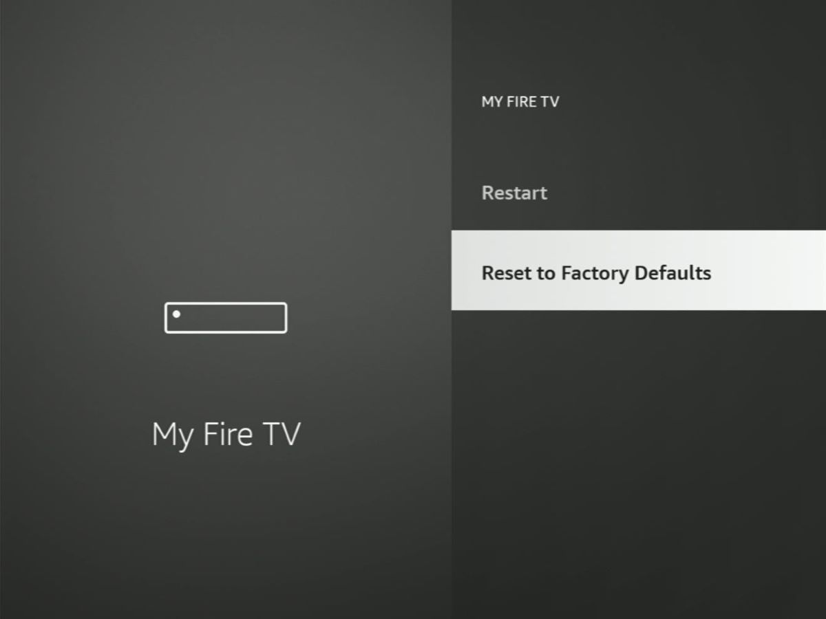 reset to factory defaults option is highlighted on a fire tv stick