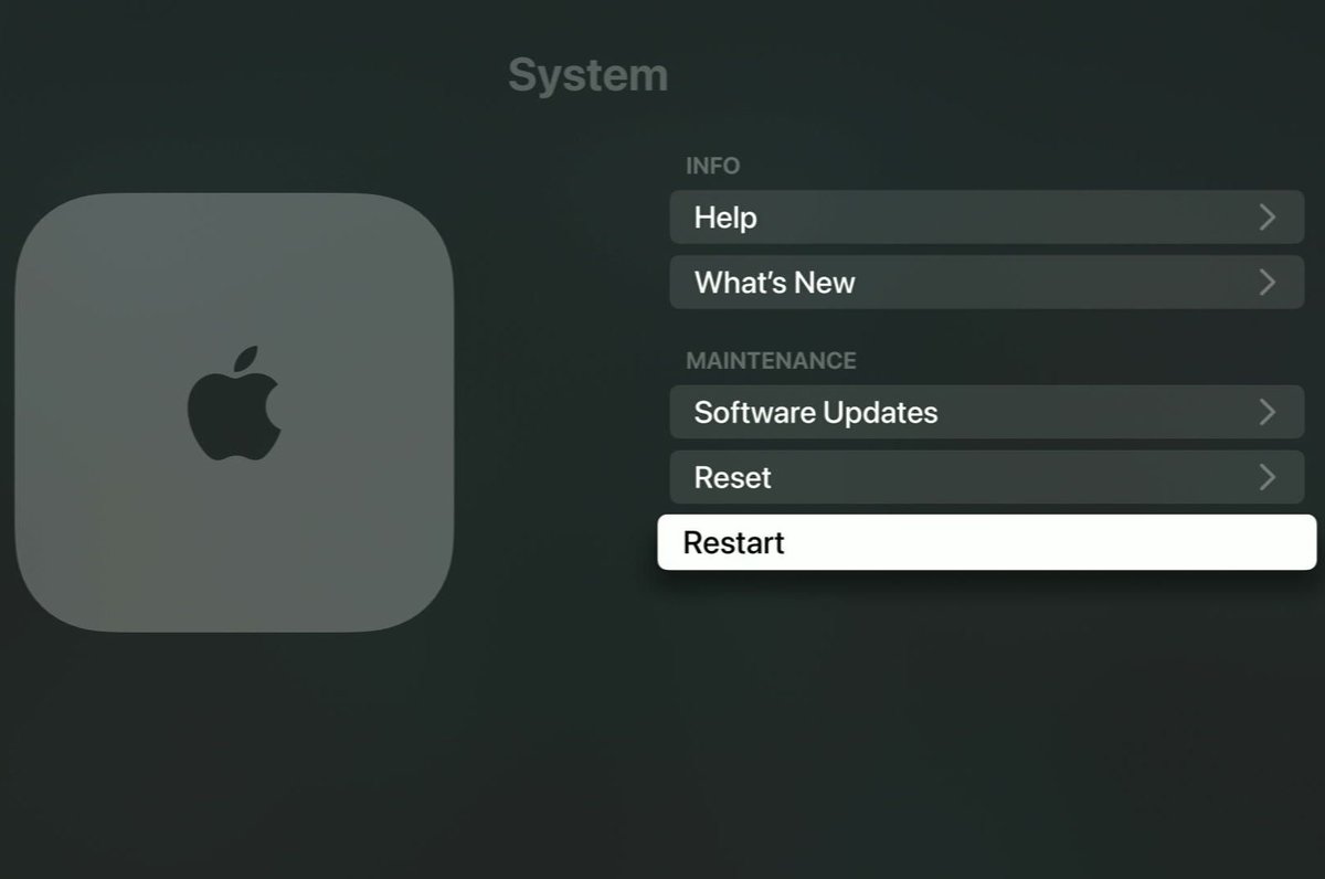 restart option is highlighted on an apple tv