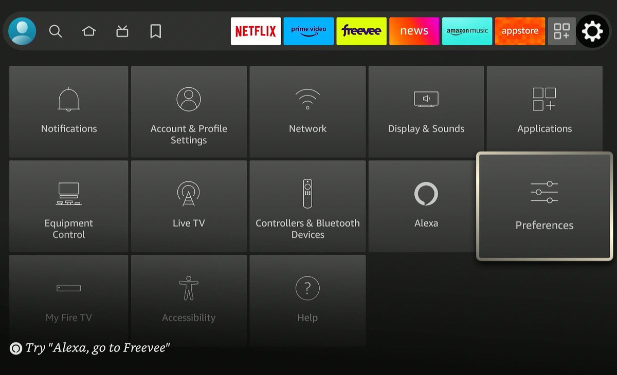settings menu of a fire tv stick, preferences is highlighted