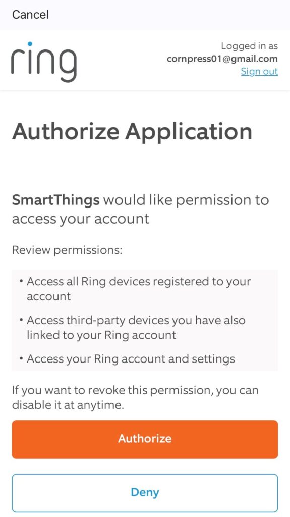 smartthings asks for permission to access ring account