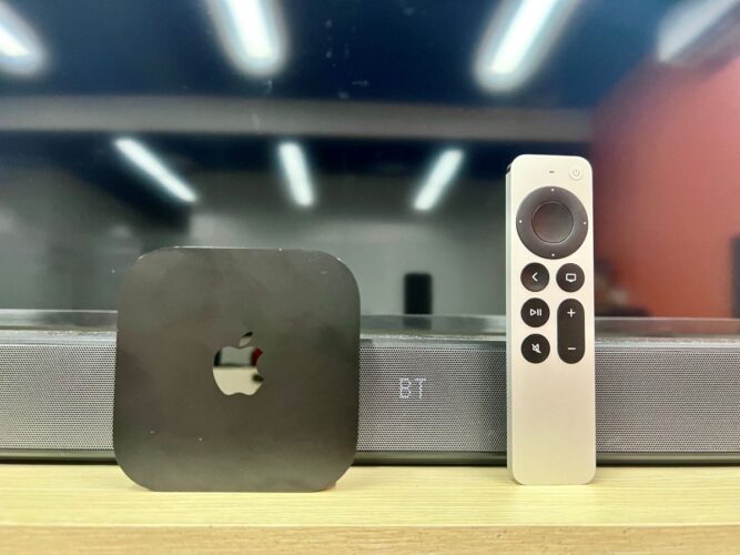 soundbar in bt (bluetooth) connection method with an apple tv next to it