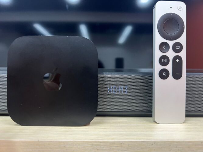 soundbar in hdmi connection method with an apple tv next to it