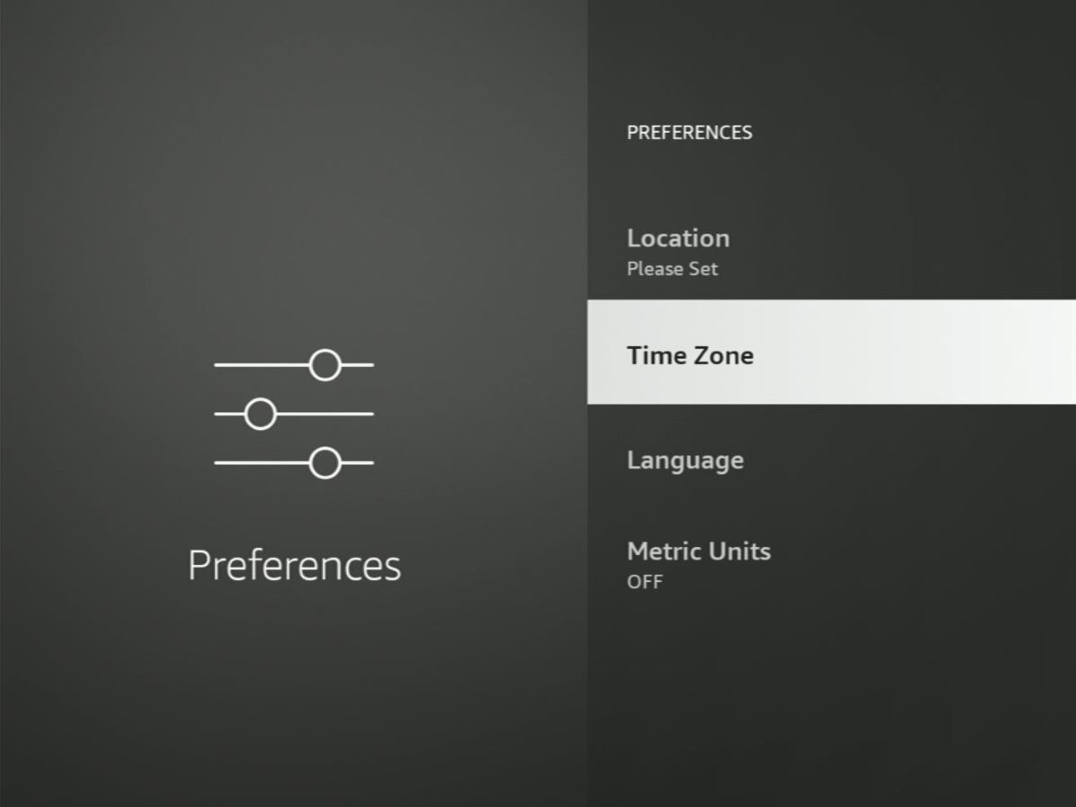 time zone option is highlighted on a fire tv stick's preferences menu
