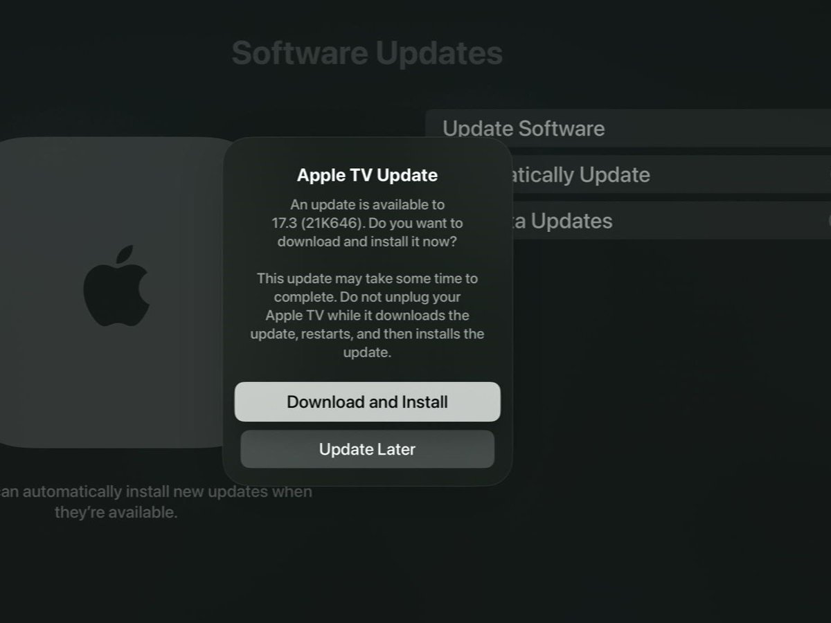 update and install firmware on an apple tv is highlighted