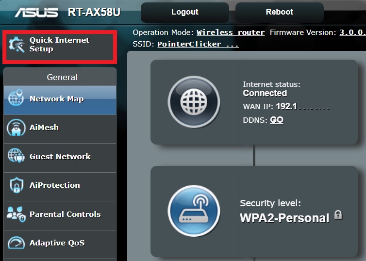 Asus router with the admin interface and the quick Internet Setup feature is highlighted with a red box