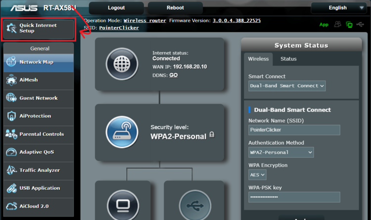 Quick Internet Setup of the Asus router at the admin interface